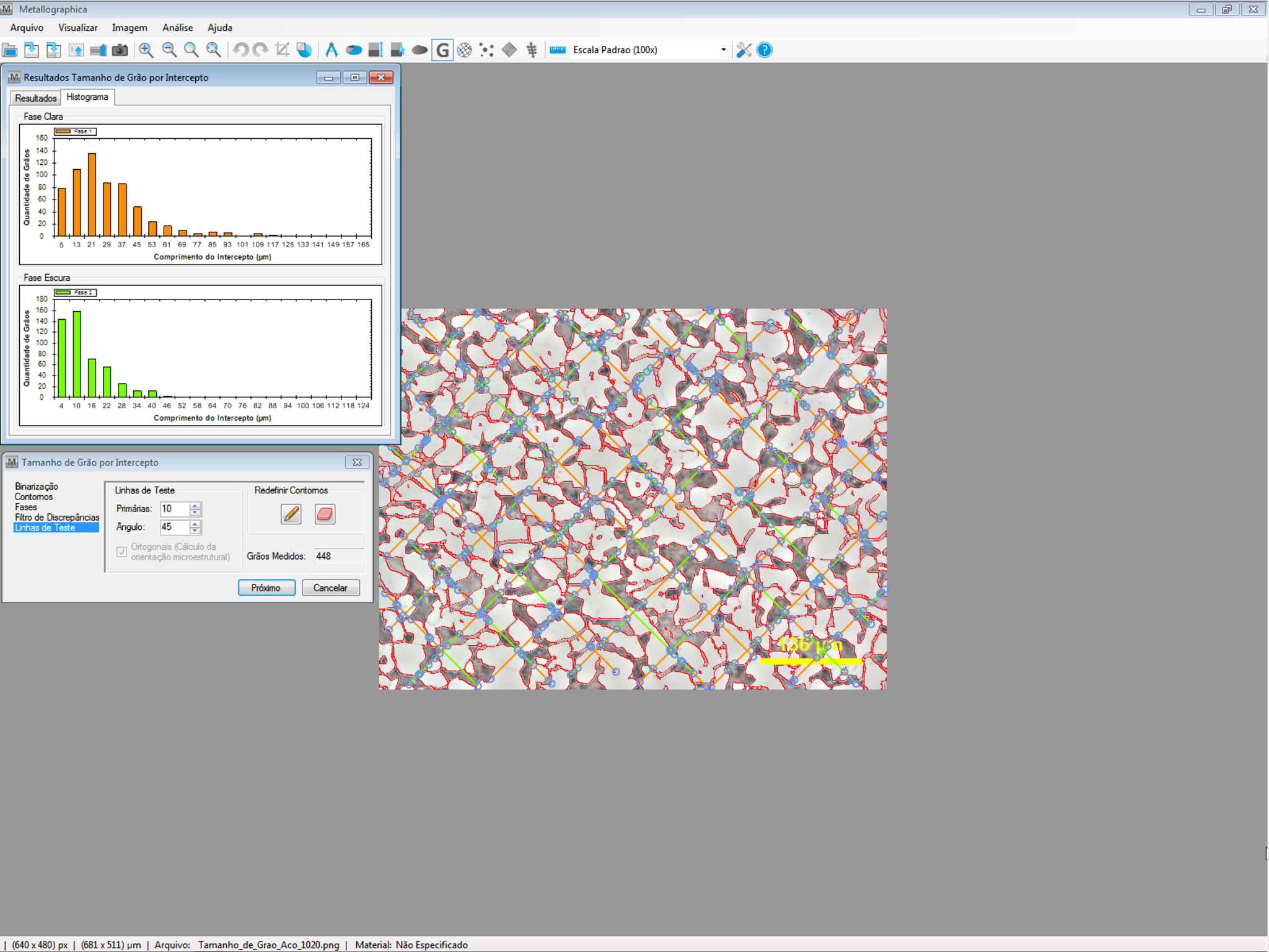 Interface do Metallographica para medição de tamanho de grão por intercepto